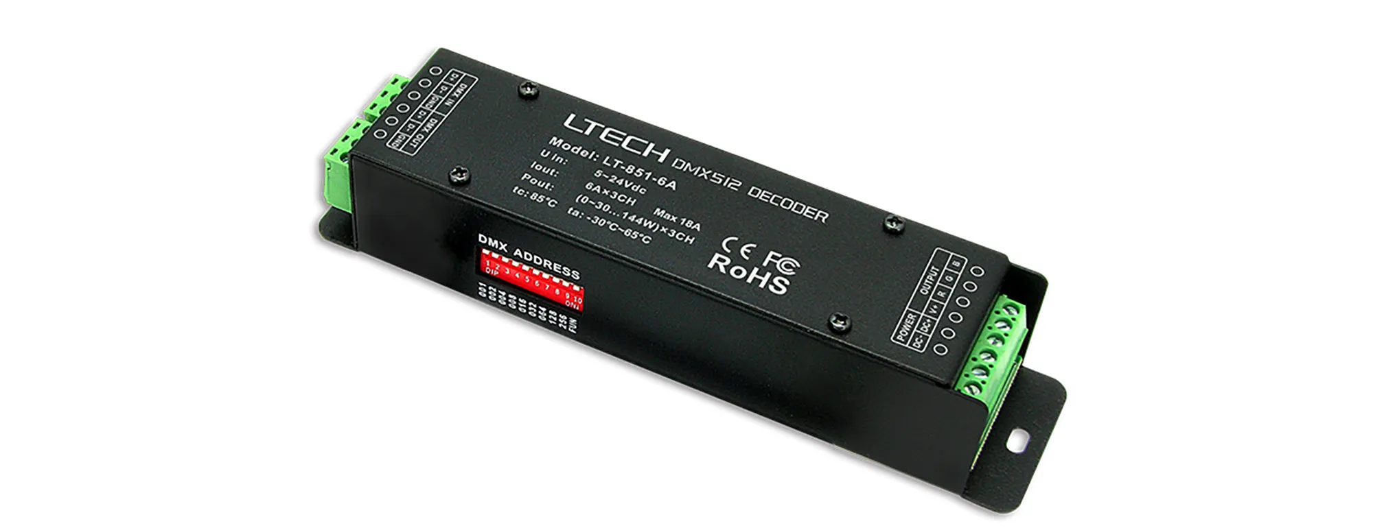 851-6A  3CHannel CV DMX Decoder, 5/12/24V DC, 18A (6A x 3CH), 90/216/432W, 0-100% Dimming, IP44.